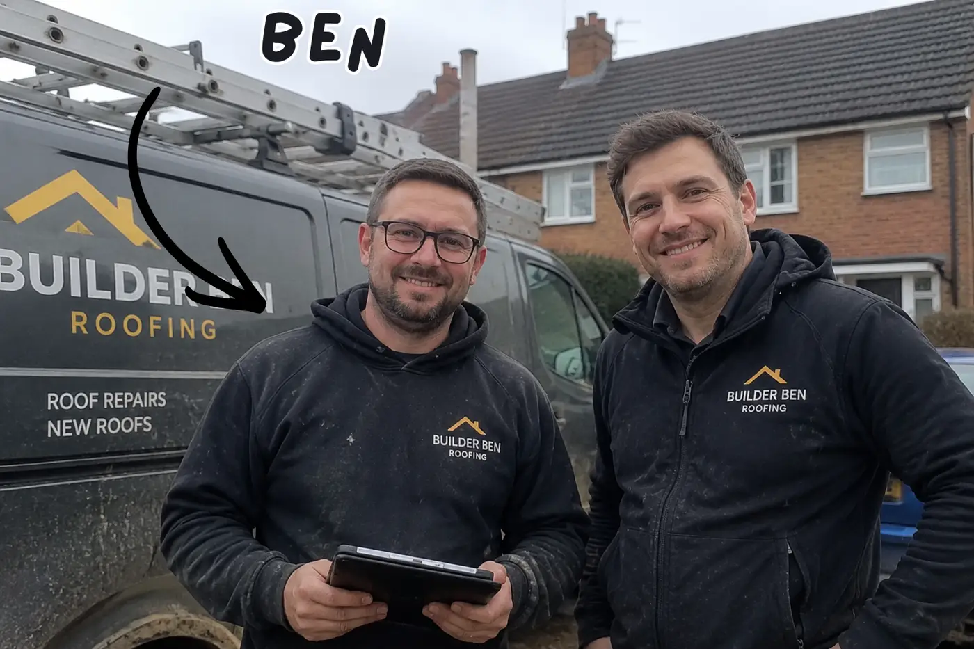 Ben and the Builder Ben Roofing team in branded hoodies in front of the company van