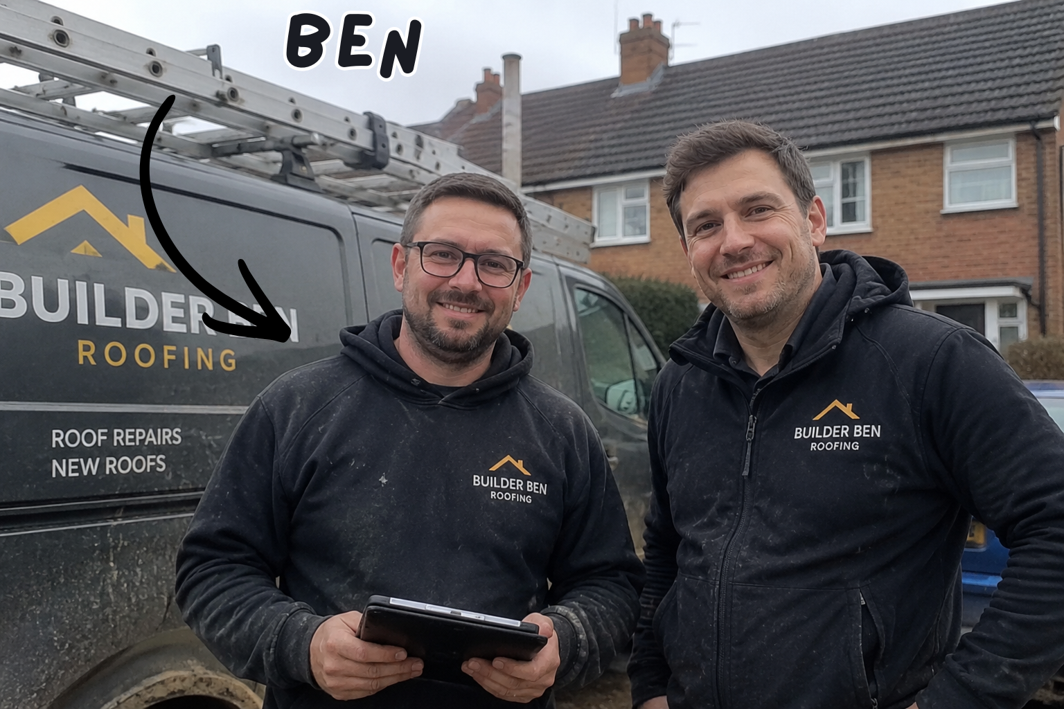 Ben and the Builder Ben Roofing team in branded hoodies in front of the company van