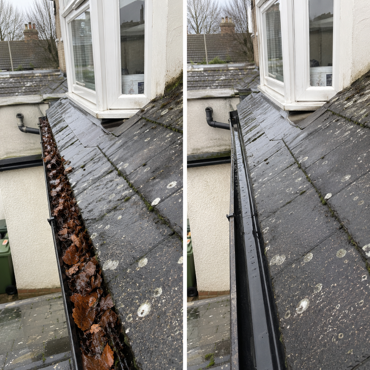 Blocked gutter cleared — before and after in Sussex